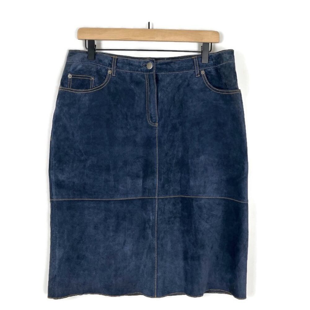 Women's Suede Knee Length Skirt Blue 12 Academia Preppy Western Isaac Mizrahi